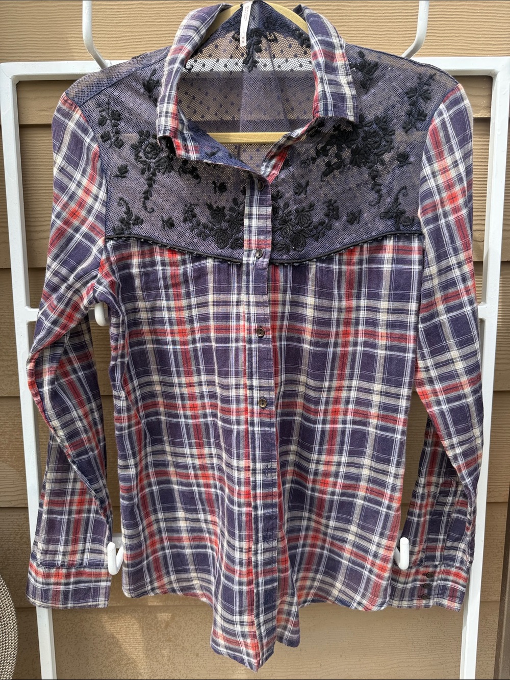 Free People 🇺🇸 Plaid Button-Up  Embroidered Lace Yoke - Navy, Red, Cream
